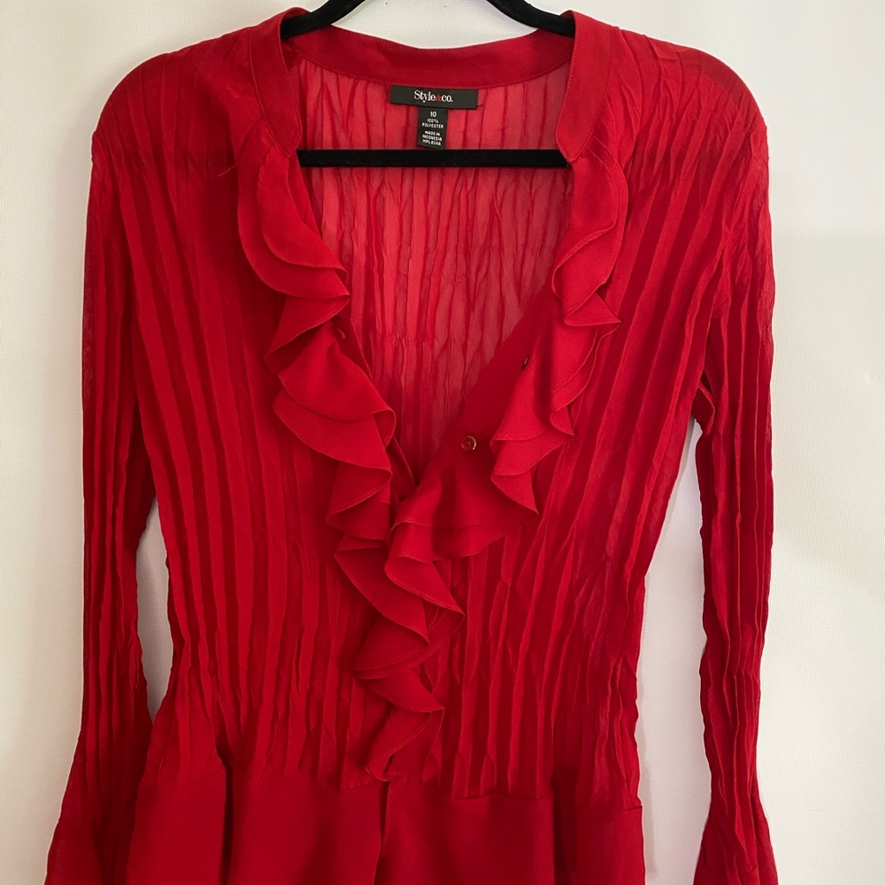Style&co button-down red ruffle long sleeve shirt